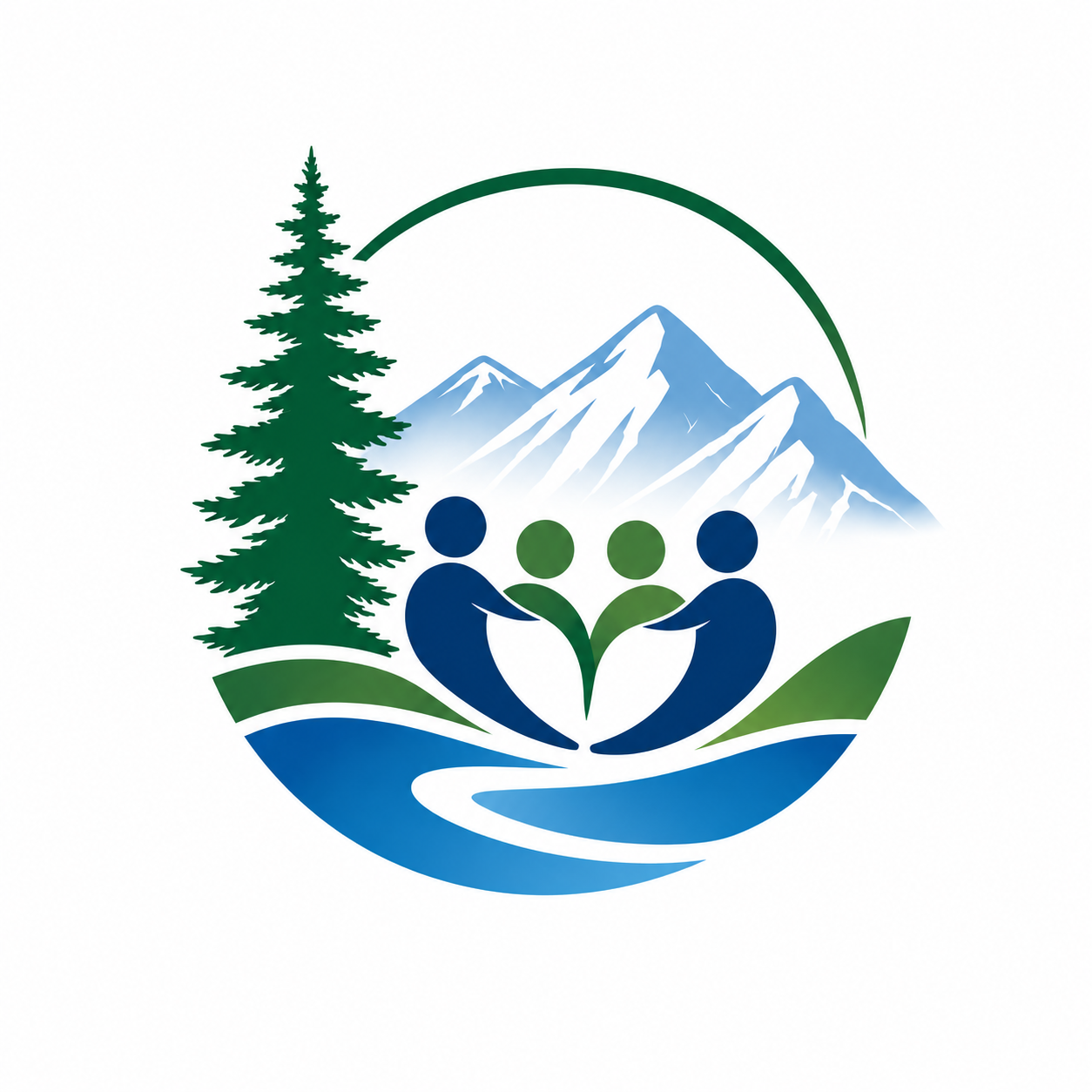 Aapli PNW emblem: pine tree, mountains, river and people
